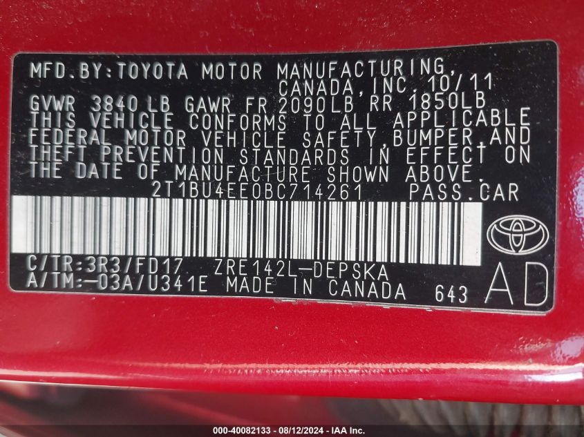 2011 Toyota Corolla S VIN: 2T1BU4EE0BC714261 Lot: 40082133