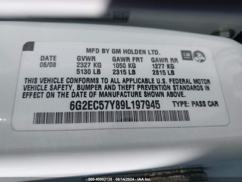 2009 Pontiac G8 Gt VIN: 6G2EC57Y89L197945 Lot: 40082135