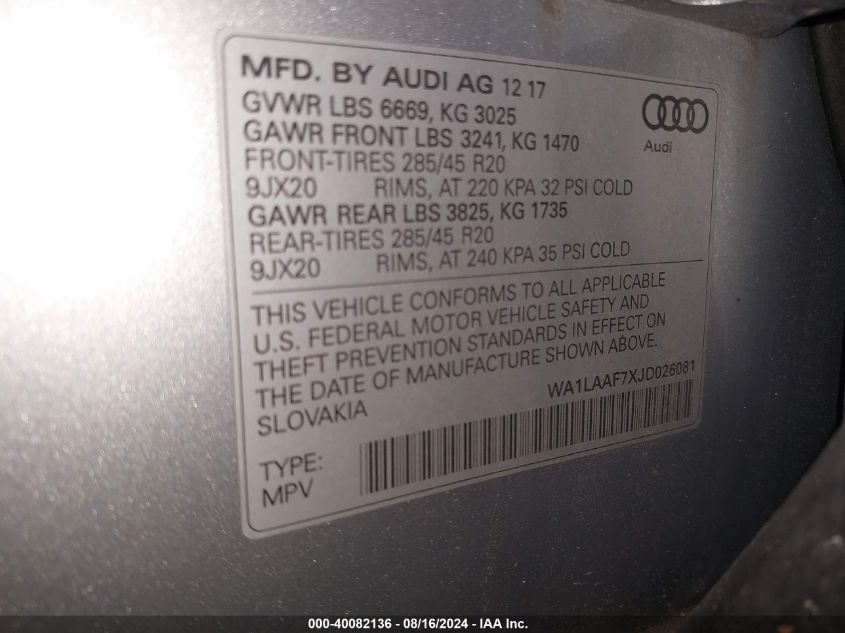 2018 AUDI Q7 3.0T PREMIUM - WA1LAAF7XJD026081