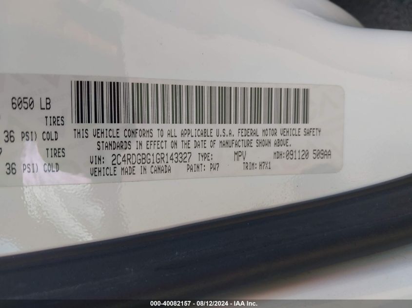 2016 Dodge Grand Caravan Se VIN: 2C4RDGBG1GR143327 Lot: 40082157