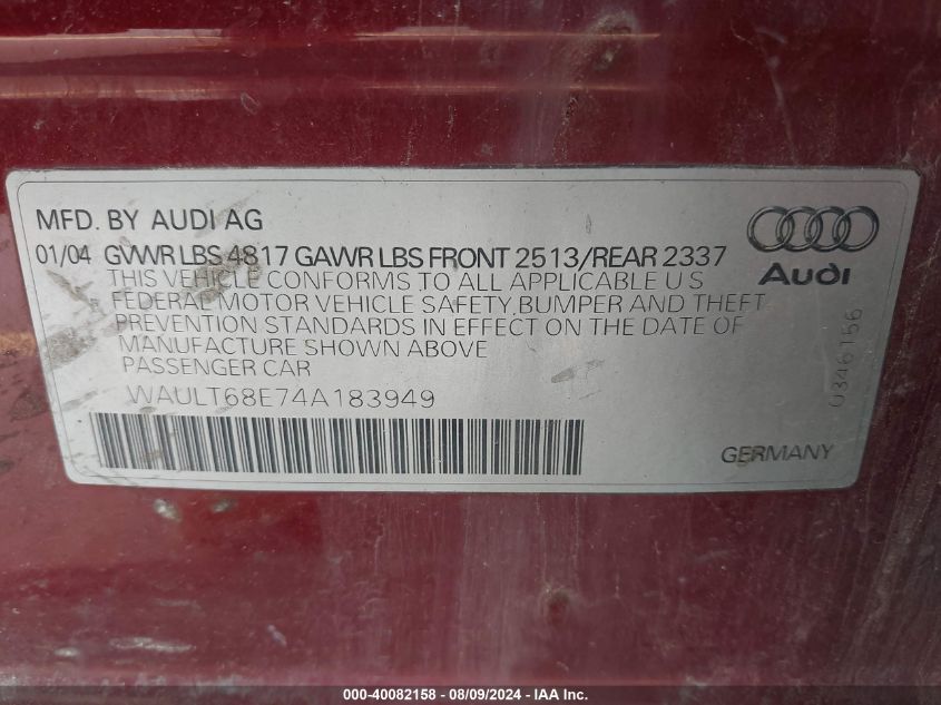 2004 Audi A4 3.0 VIN: WAULT68E74A183949 Lot: 40082158