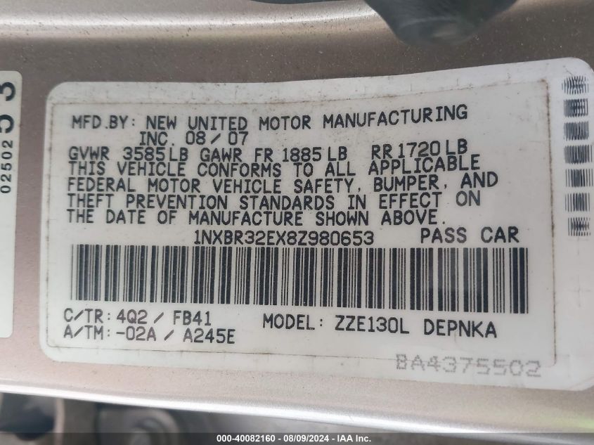 2008 Toyota Corolla Le VIN: 1NXBR32EX8Z980653 Lot: 40082160