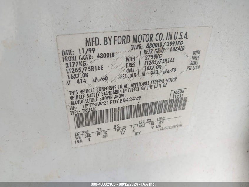 2000 Ford F-250 Lariat/Xl/Xlt VIN: 1FTNW21F0YEB42429 Lot: 40082165