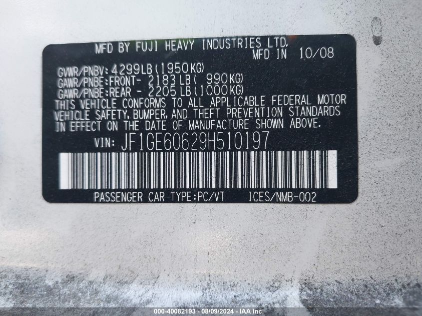 2009 Subaru Impreza 2.5I VIN: JF1GE60629H510197 Lot: 40082193