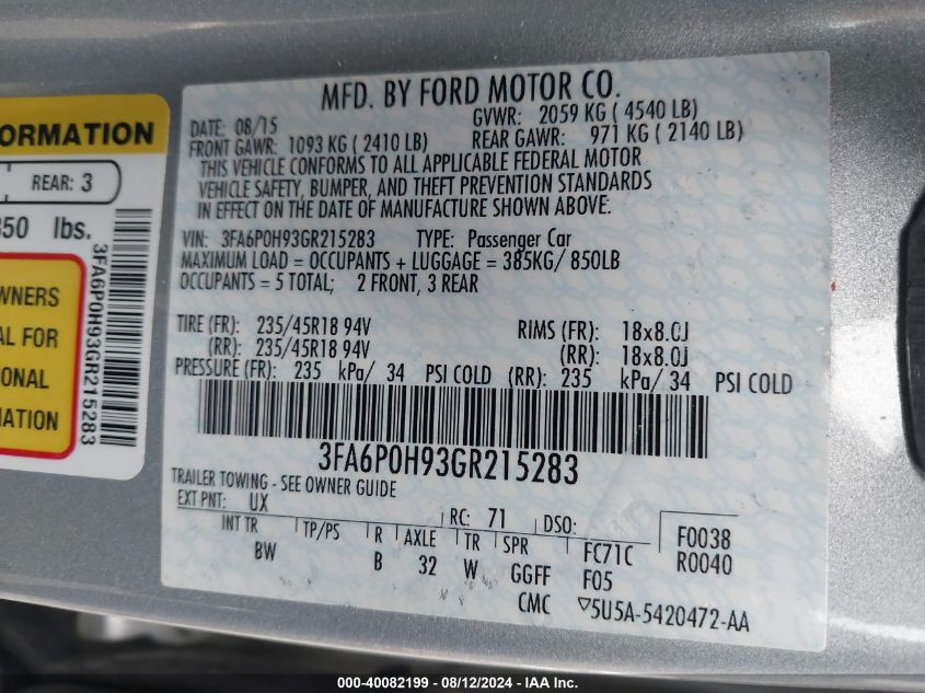 2016 FORD FUSION SE - 3FA6P0H93GR215283