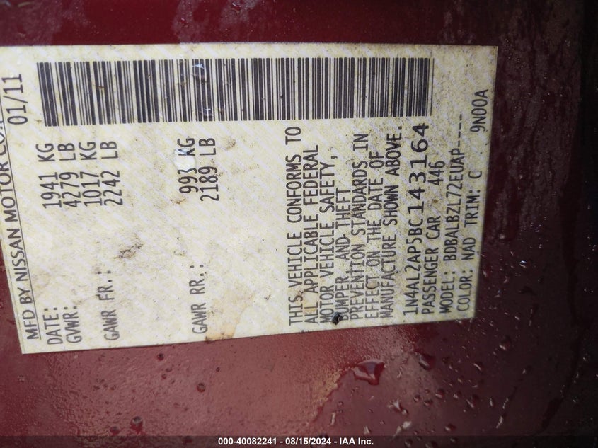 2011 Nissan Altima 2.5 S VIN: 1N4AL2AP5BC143164 Lot: 40082241