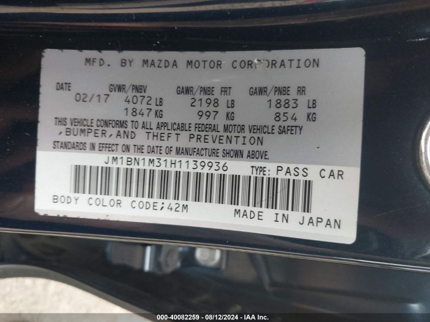 2017 Mazda 3 Grand Touring VIN: JM1BN1M31H1139936 Lot: 40082259