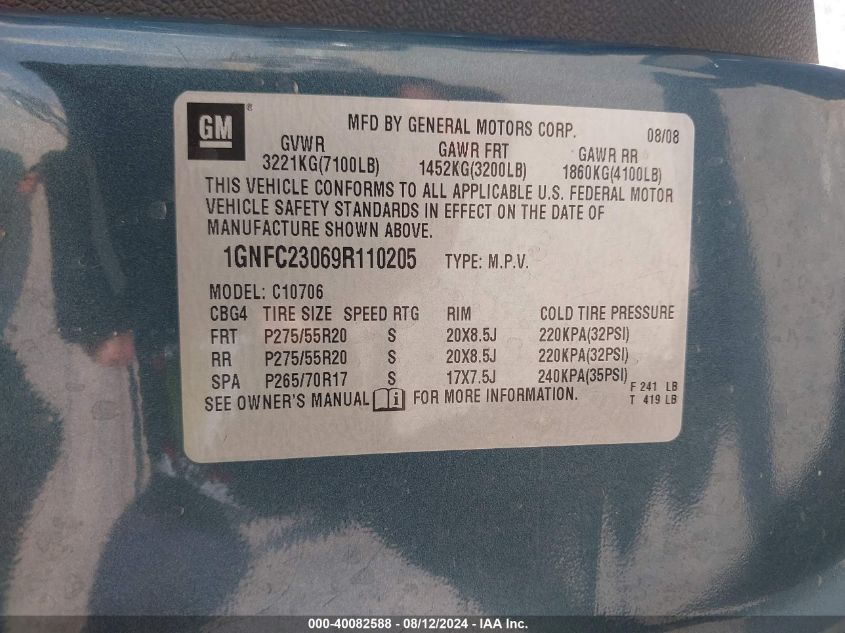 2009 Chevrolet Tahoe Lt2 VIN: 1GNFC23069R110205 Lot: 40082588