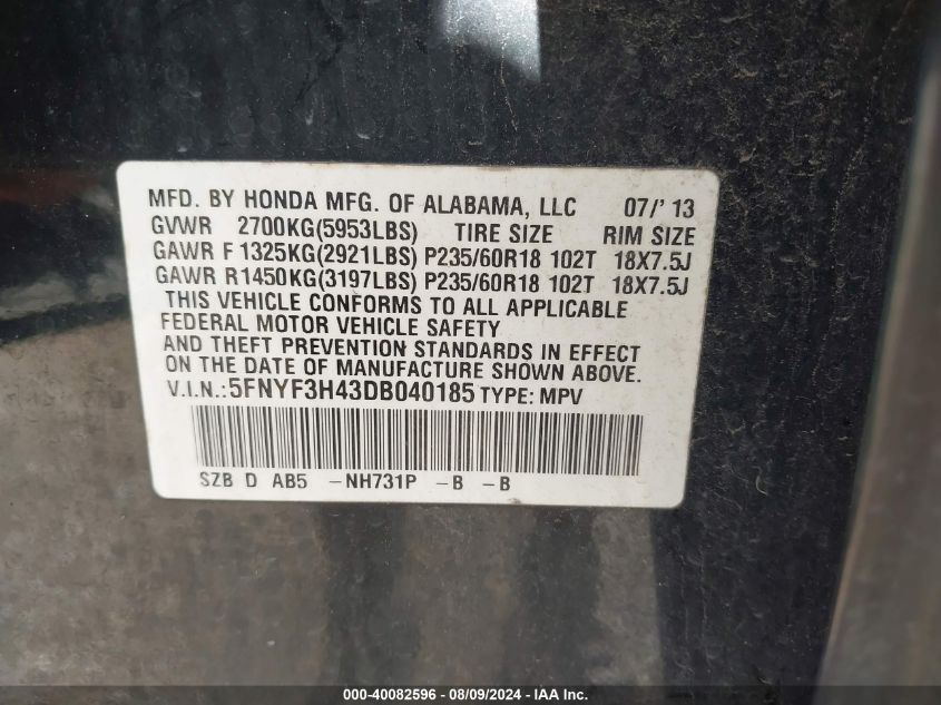 2013 Honda Pilot Ex VIN: 5FNYF3H43DB040185 Lot: 40082596