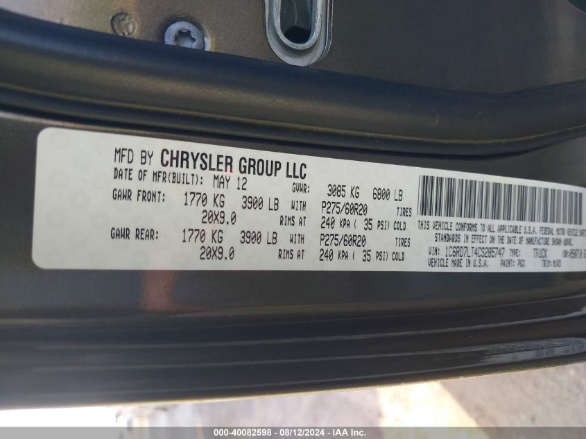 2012 Ram 1500 Slt VIN: 1C6RD7LT4CS285747 Lot: 40082598