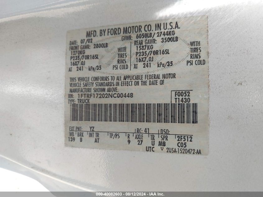 2002 Ford F-150 Xl/Xlt VIN: 1FTRF17202NC00448 Lot: 40082603