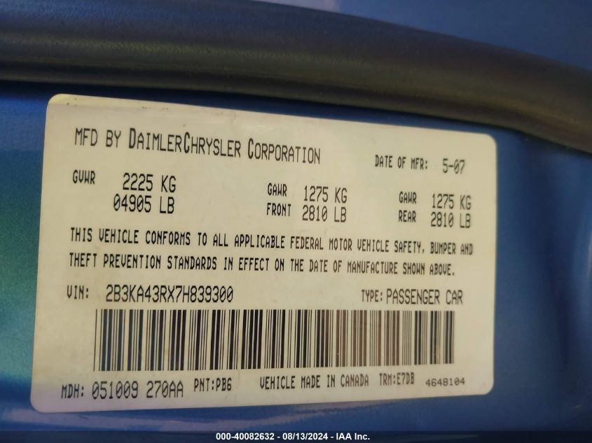 2007 Dodge Charger VIN: 2B3KA43RX7H839300 Lot: 40082632