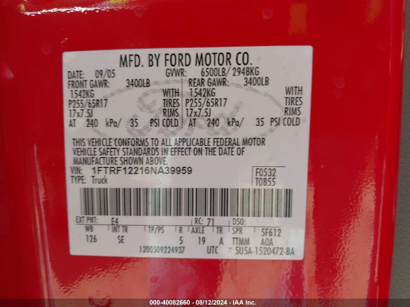 2006 Ford F-150 Stx/Xl/Xlt VIN: 1FTRF12216NA39959 Lot: 40082660