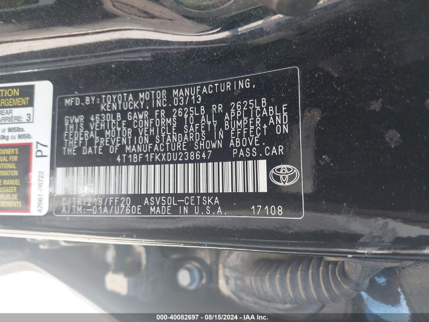 4T1BF1FKXDU238647 2013 Toyota Camry Se