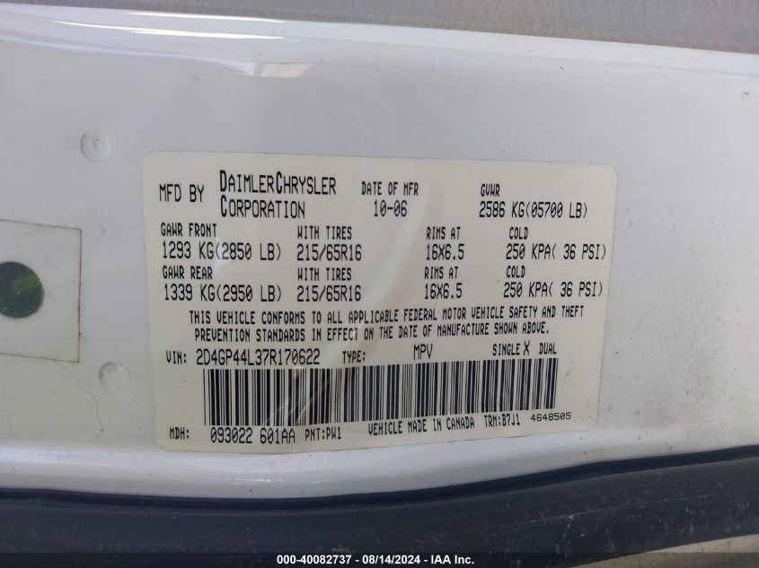 2007 Dodge Grand Caravan Sxt VIN: 2D4GP44L37R170622 Lot: 40082737