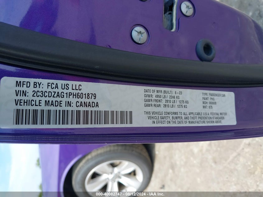 2023 Dodge Challenger Sxt VIN: 2C3CDZAG1PH601879 Lot: 40082747