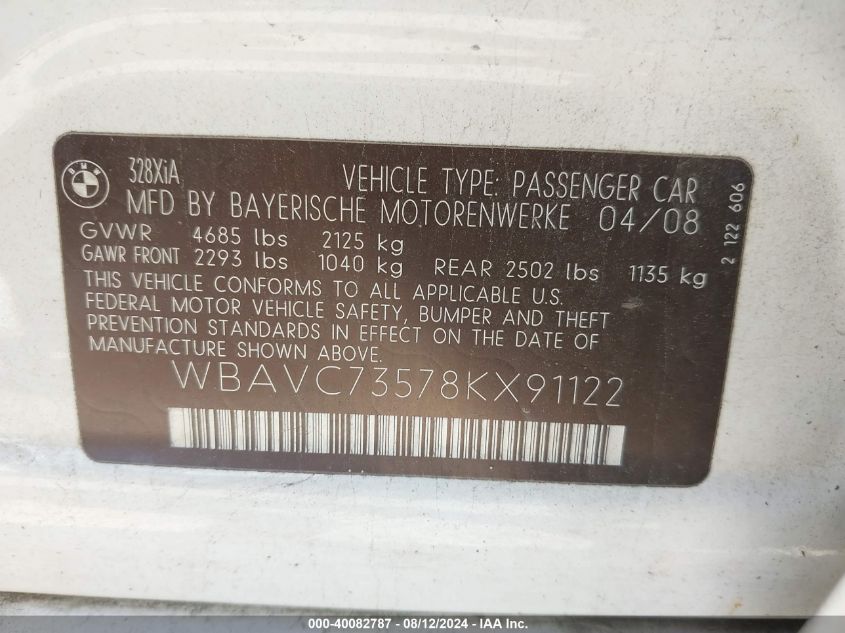 2008 BMW 328Xi VIN: WBAVC73578KX91122 Lot: 40082787