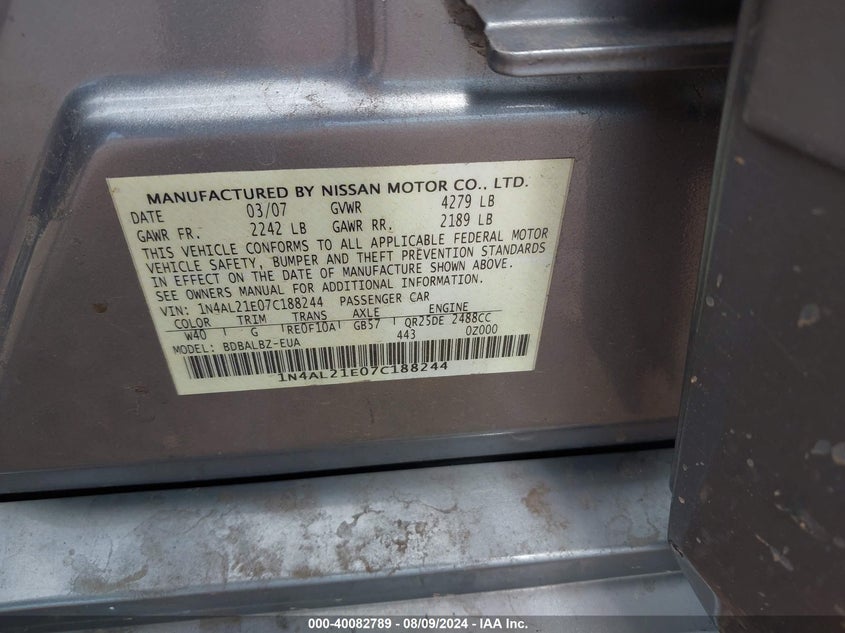 2007 Nissan Altima 2.5 S VIN: 1N4AL21E07C188244 Lot: 40082789