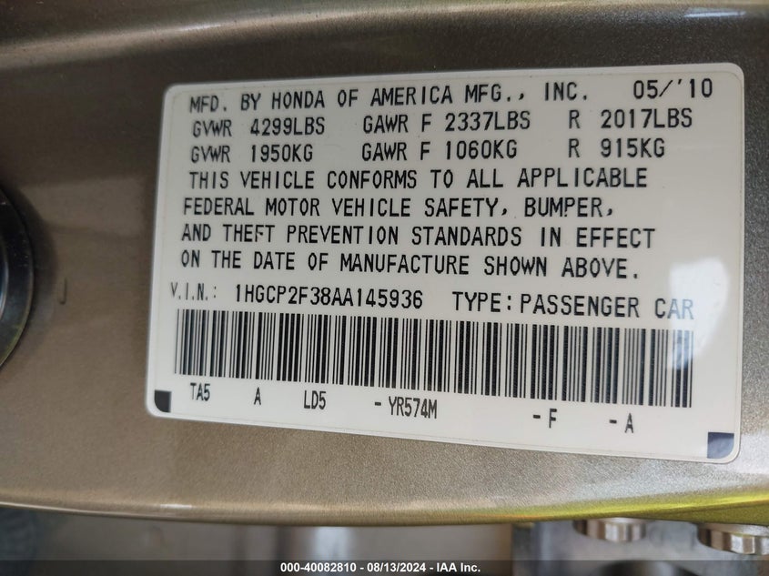 2010 Honda Accord 2.4 Lx VIN: 1HGCP2F38AA145936 Lot: 40082810