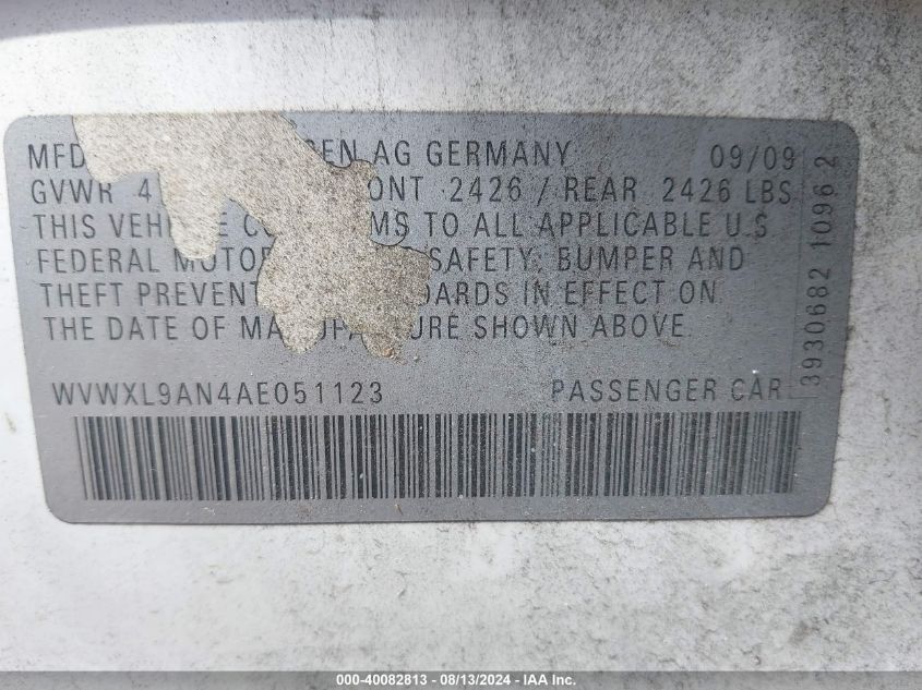 2010 Volkswagen Passat Komfort VIN: WVWXL9AN4AE051123 Lot: 40082813