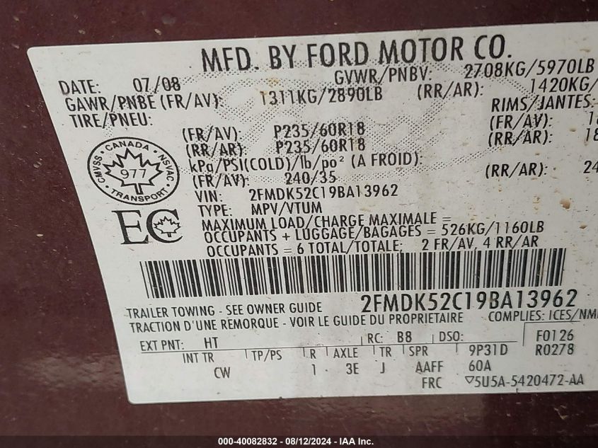 2009 Ford Flex Sel VIN: 2FMDK52C19BA13962 Lot: 40082832