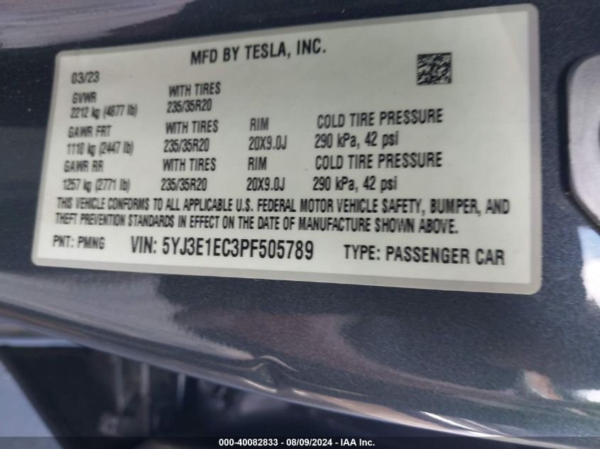 2023 Tesla Model 3 Performance Dual Motor All-Wheel Drive VIN: 5YJ3E1EC3PF505789 Lot: 40082833