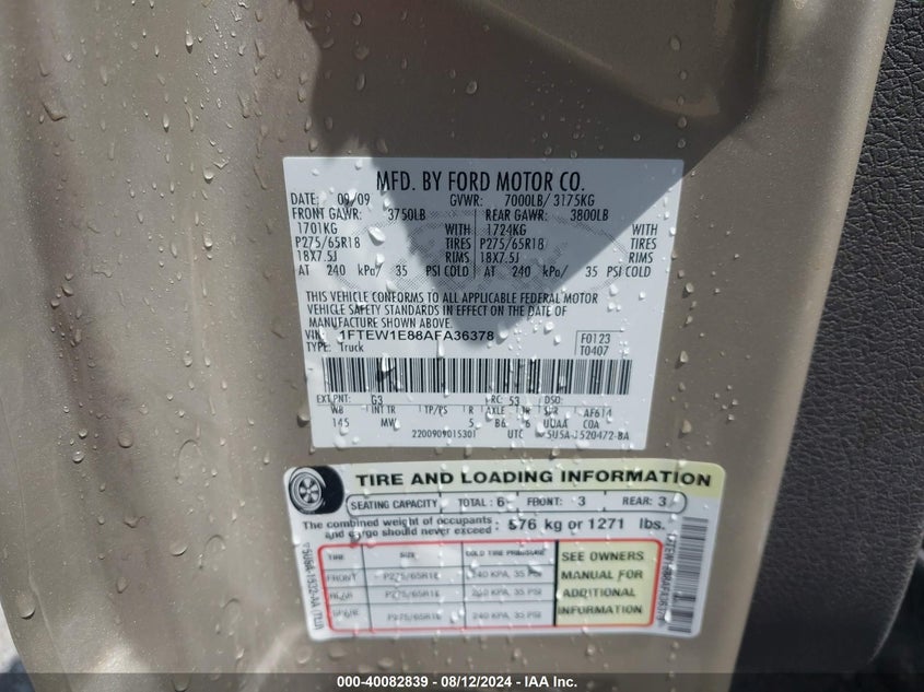 2010 Ford F-150 Xlt VIN: 1FTEW1E88AFA36378 Lot: 40082839