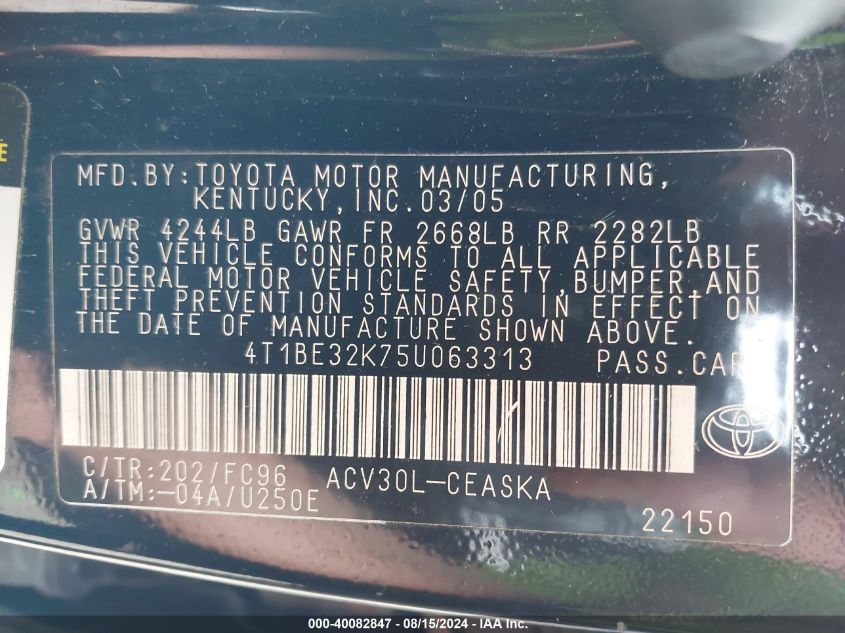 2005 Toyota Camry Le/Xle/Se VIN: 4T1BE32K75U063313 Lot: 40082847
