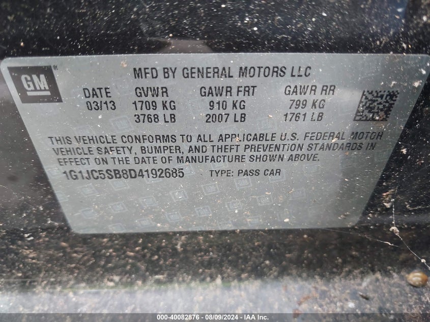 2013 Chevrolet Sonic Lt Auto VIN: 1G1JC5SB8D4192685 Lot: 40082876