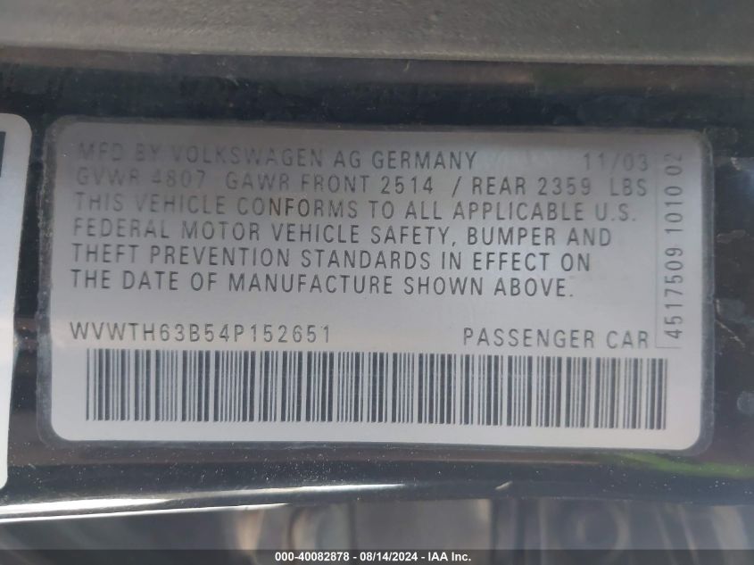2004 Volkswagen Passat Glx VIN: WVWTH63B54P152651 Lot: 40082878