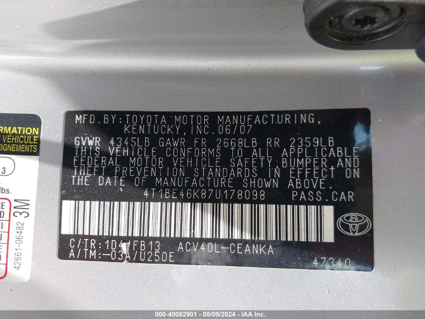 2007 Toyota Camry Le VIN: 4T1BE46K87U178098 Lot: 40082901