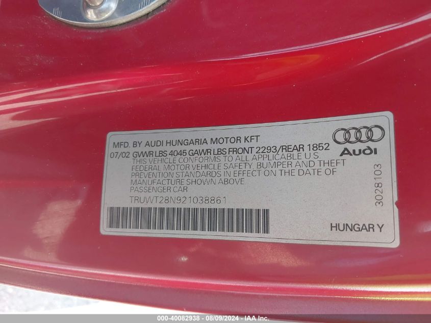 2002 Audi Tt 1.8L/Alms Commemorative Edition VIN: TRUWT28N921038861 Lot: 40082938