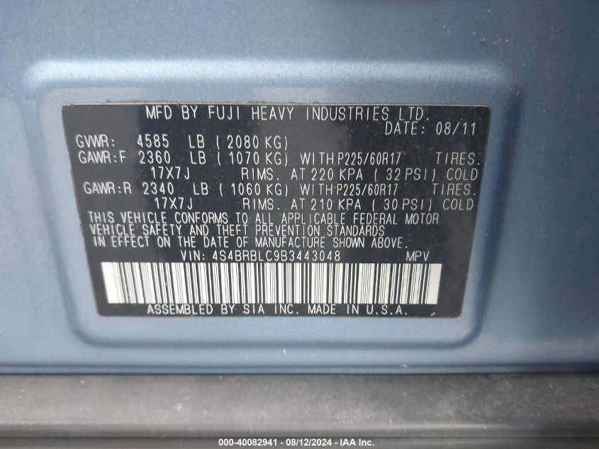 2011 Subaru Outback 2.5I Limited VIN: 4S4BRBLC9B3443048 Lot: 40082941