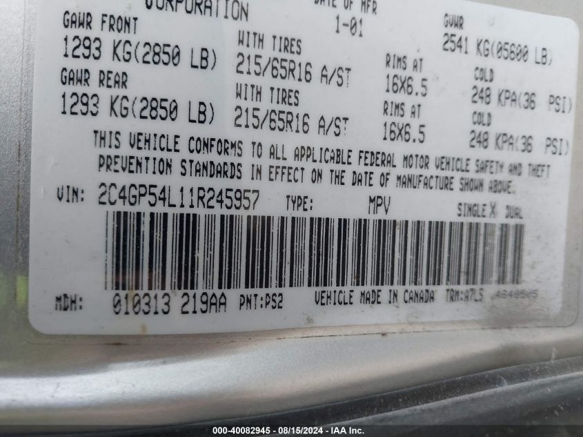 2001 Chrysler Town & Country Lxi VIN: 2C4GP54L11R245957 Lot: 40082945