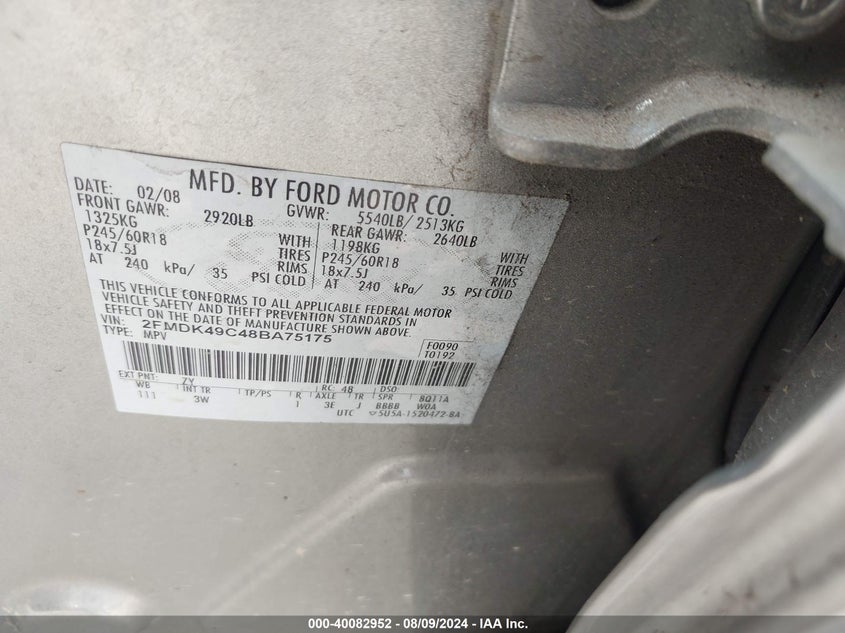 2008 Ford Edge Limited VIN: 2FMDK49C48BA75175 Lot: 40082952