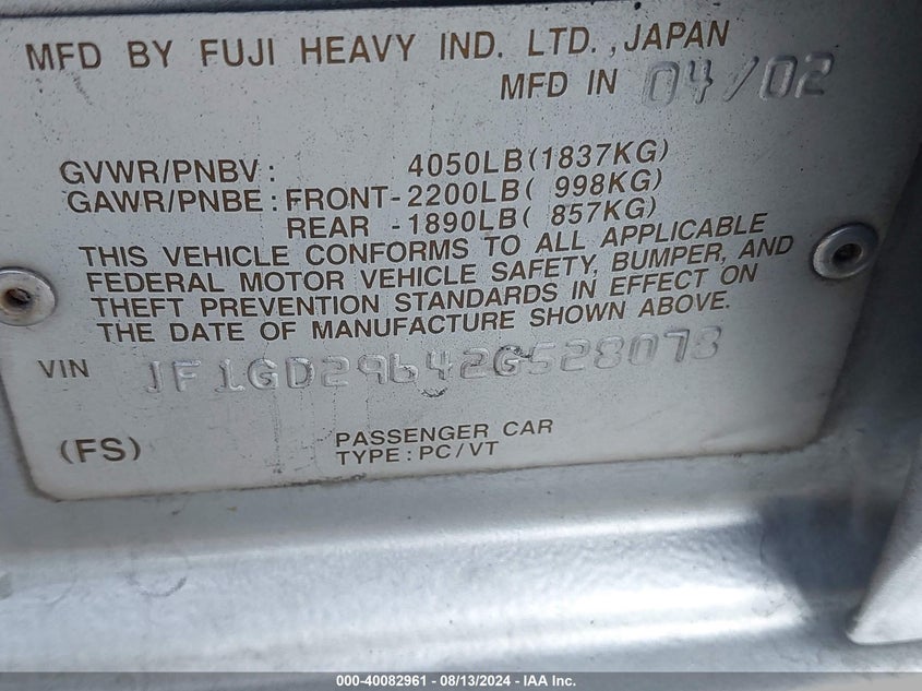 2002 Subaru Impreza Wrx VIN: JF1GD29642G528078 Lot: 40082961