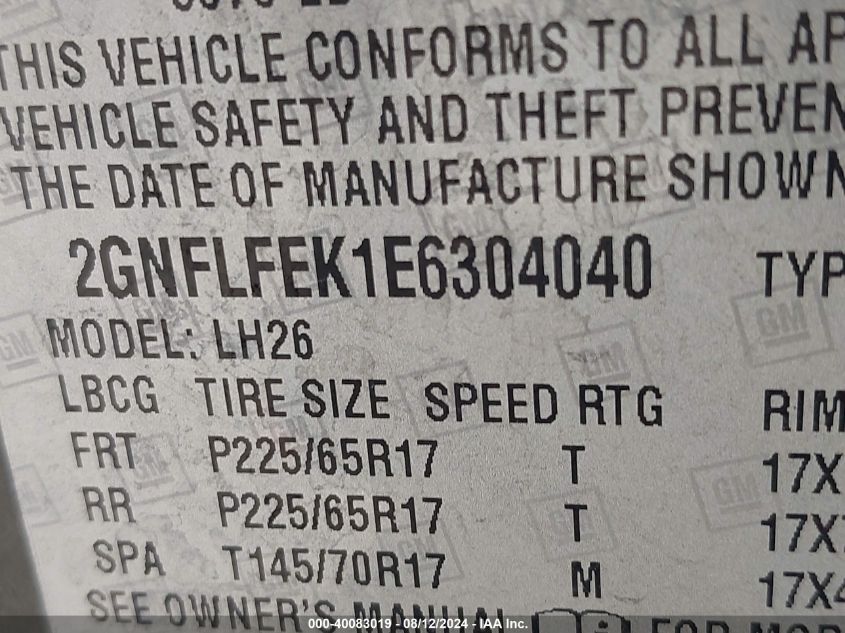 2014 Chevrolet Equinox 1Lt VIN: 2GNFLFEK1E6304040 Lot: 40083019