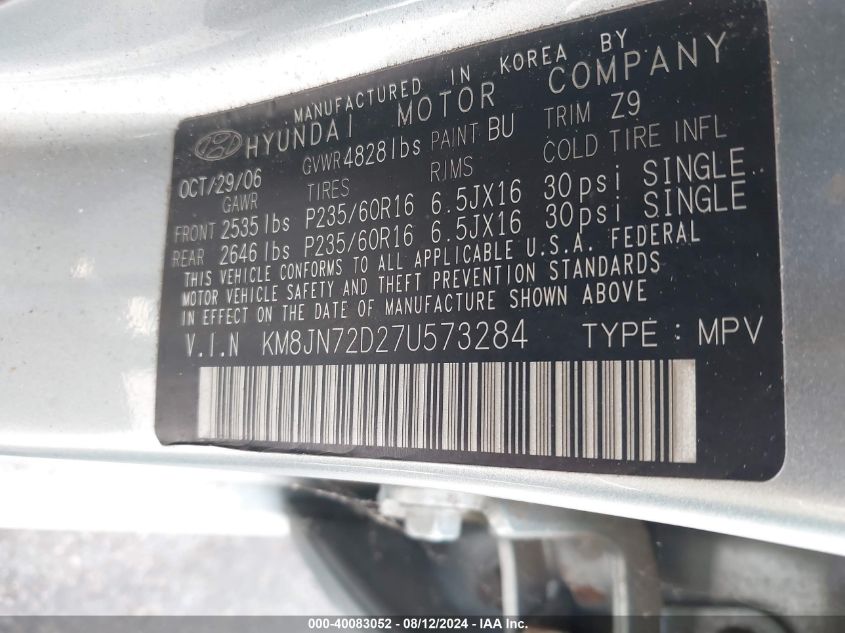 2007 Hyundai Tucson Limited/Se VIN: KM8JN72D27U573284 Lot: 40083052