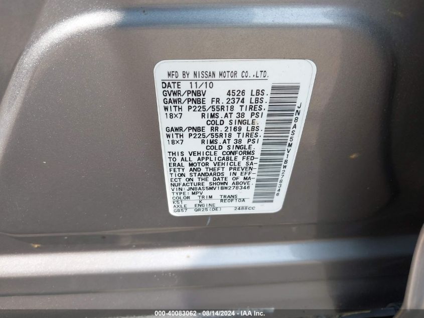 2011 Nissan Rogue Sv VIN: JN8AS5MV1BW278346 Lot: 40083062