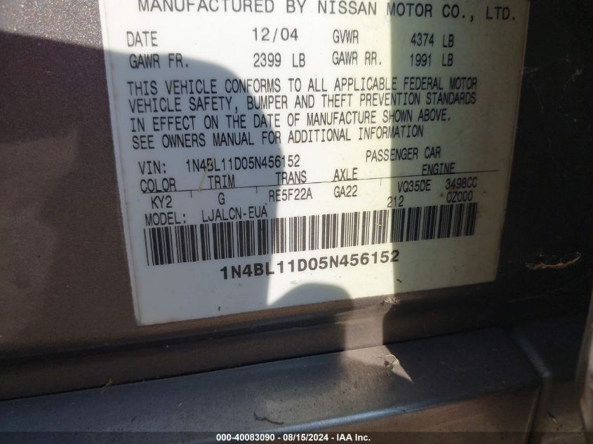 2005 Nissan Altima 3.5 Se VIN: 1N4BL11D05N456152 Lot: 40083090