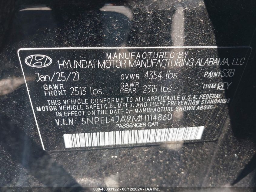 2021 Hyundai Sonata Sel VIN: 5NPEL4JA9MH114860 Lot: 40083122