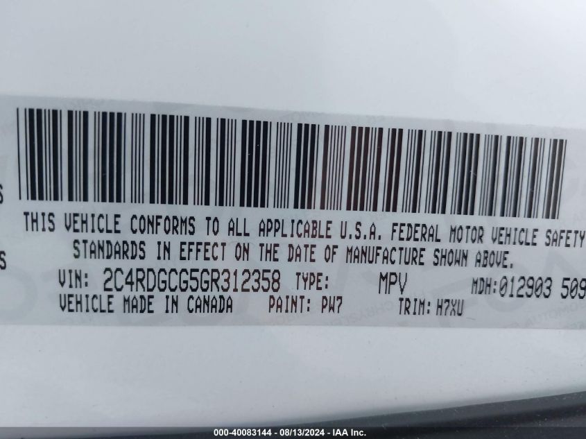 2016 Dodge Grand Caravan Sxt VIN: 2C4RDGCG5GR312358 Lot: 40083144