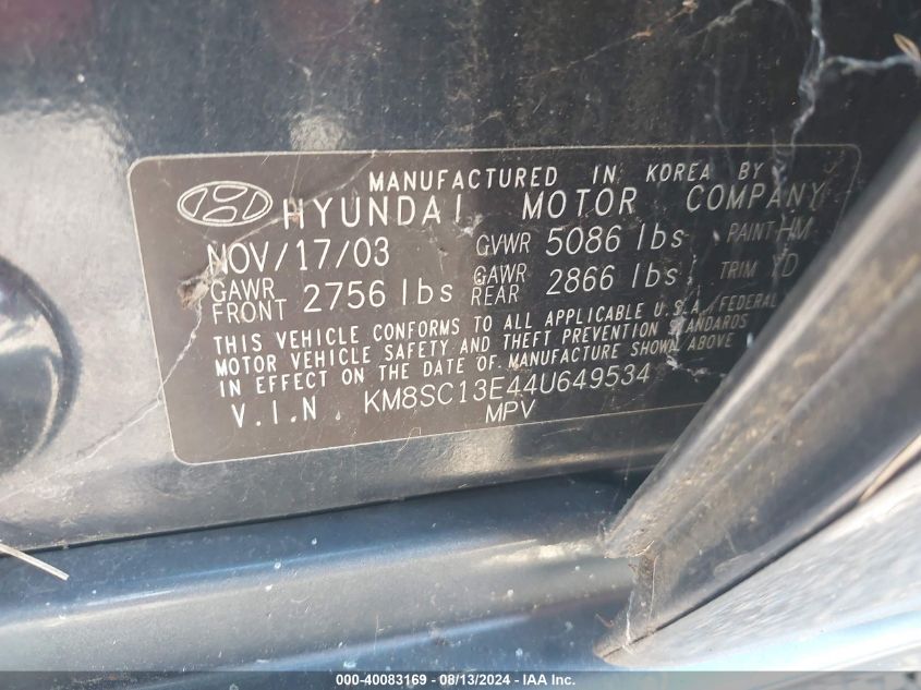 2004 Hyundai Santa Fe Gls/Lx VIN: KM8SC13E44U649534 Lot: 40083169