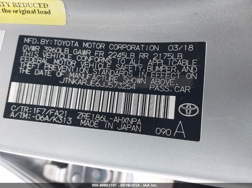 2018 Toyota Corolla Im VIN: JTNKARJE6JJ573254 Lot: 40083197