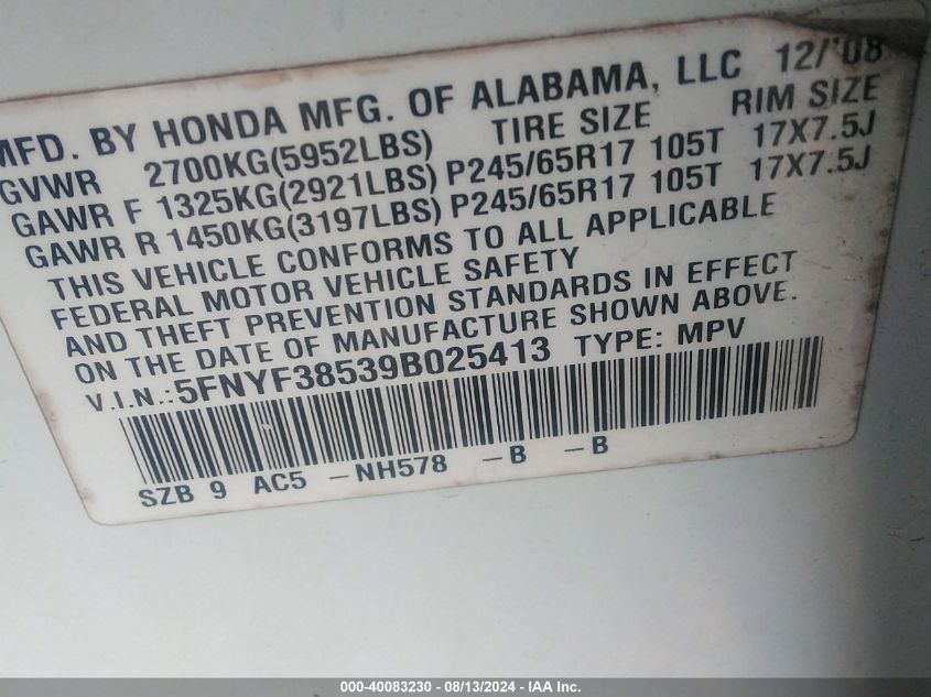 2009 Honda Pilot Ex-L VIN: 5FNYF38539B025413 Lot: 40083230
