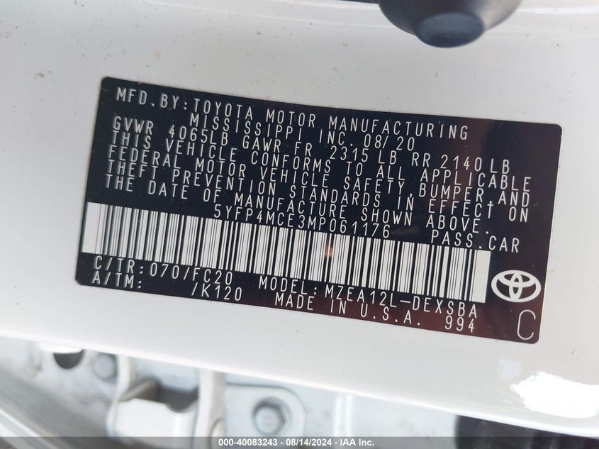 2021 TOYOTA COROLLA 2.0L I-4 DI, DOHC, V(VIN: 5YFP4MCE3MP061176