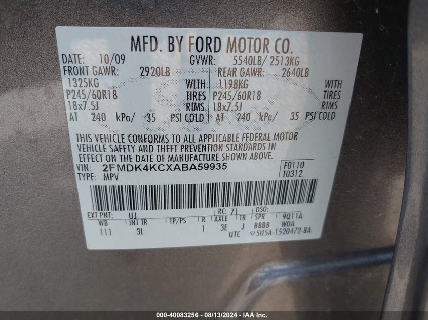 2010 Ford Edge Limited VIN: 2FMDK4KCXABA59935 Lot: 40083256