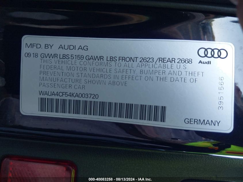 WAUA4CF54KA003720 2019 Audi S5 Sportback Premium