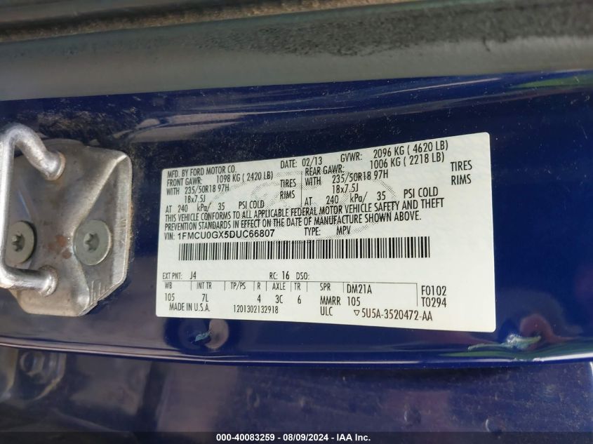 2013 Ford Escape Se VIN: 1FMCU0GX5DUC66807 Lot: 40083259