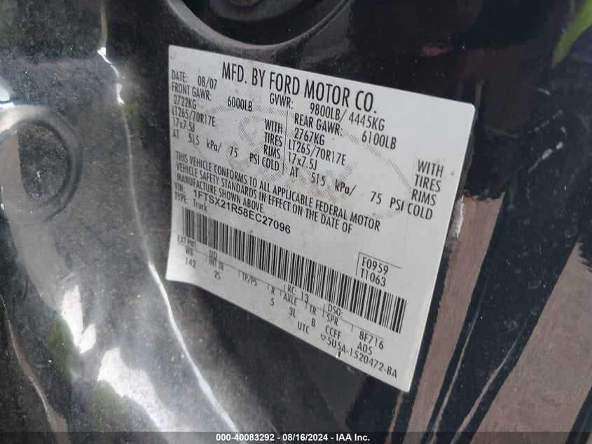 2008 Ford F-250 Fx4/Lariat/Xl/Xlt VIN: 1FTSX21R58EC27096 Lot: 40083292